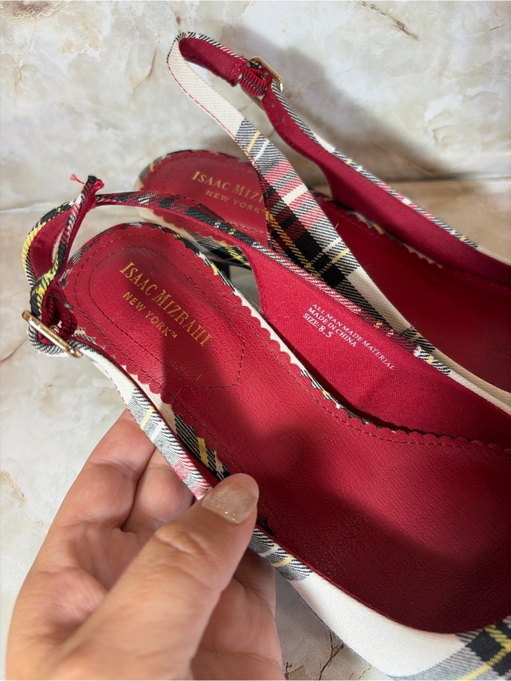 Isaac Mizrahi New York Plaid Slingback Heels Size 8.5 Red Tartan - Picture 3 of 5